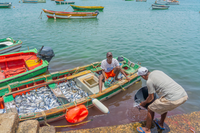Pescadores na vila de Palmeira, Ilha do Sal